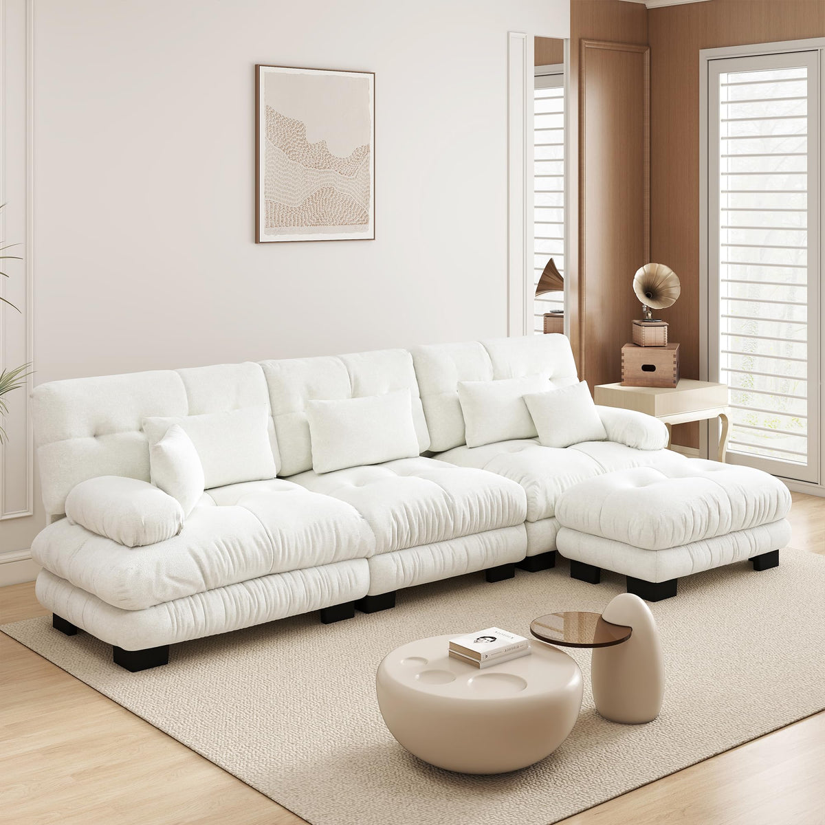 Velvet Modular Sectional Sofa,130" W Oversized U Shape Cloud Couch with 2 Ottomans,Free Combined 3 Seater Comfy Sofa with Bolster Armrest Pillows,Green for Living Room