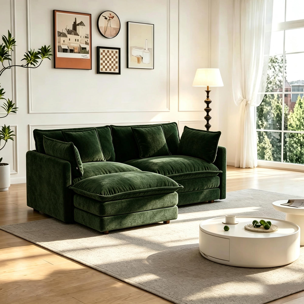 103.8" L-Shaped Sectional Sofa, Modular Chenille Cloud Couch, Deep Seat 4-Seat Sofa for Living Room with Ottoman & Pillow, Easy Assembly, Blue