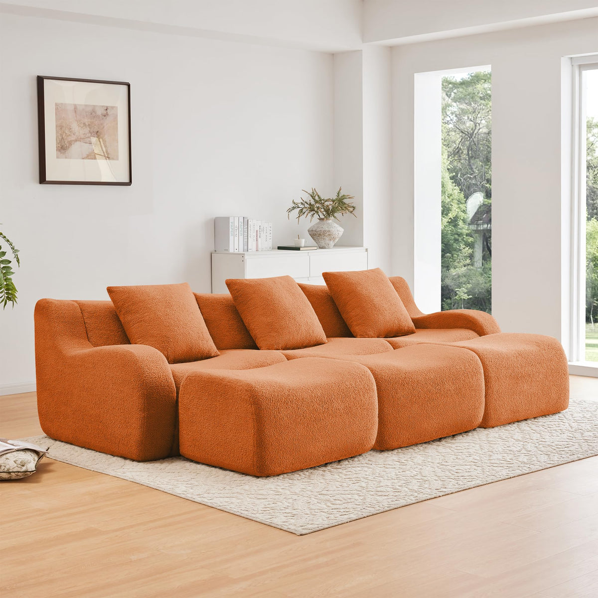 Three Seat Boneless Sofa Fabric,No Assembly Required Curved armrest Anti Slip Ergonomic Design, Assembly Chaise 32D High Density Sponge Living Rooms Media Rooms,Orange ES326