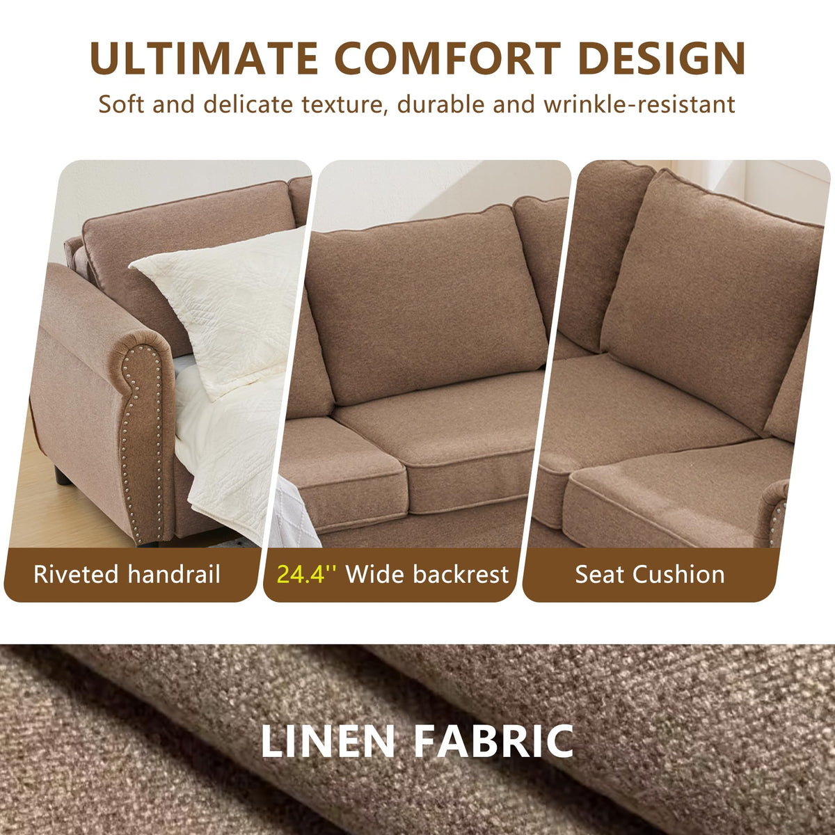 104'' Pull Out Couch, Convertible Sleeper Sofa Bed Queen, Upholstered Sectional Sofa with Mattress, 6-Seater L-Shaped Couch, Modern Sectional Couches for Living Room, Apartment, Studio,Brown
