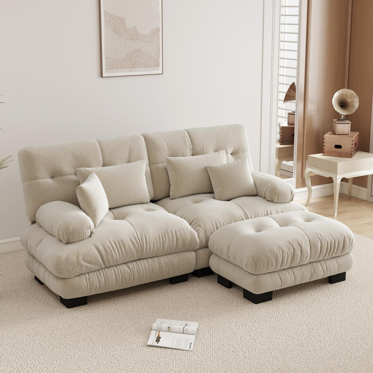 Velvet Modular Sectional Sofa,130" W Oversized U Shape Cloud Couch with 2 Ottomans,Free Combined 3 Seater Comfy Sofa with Bolster Armrest Pillows,Green for Living Room