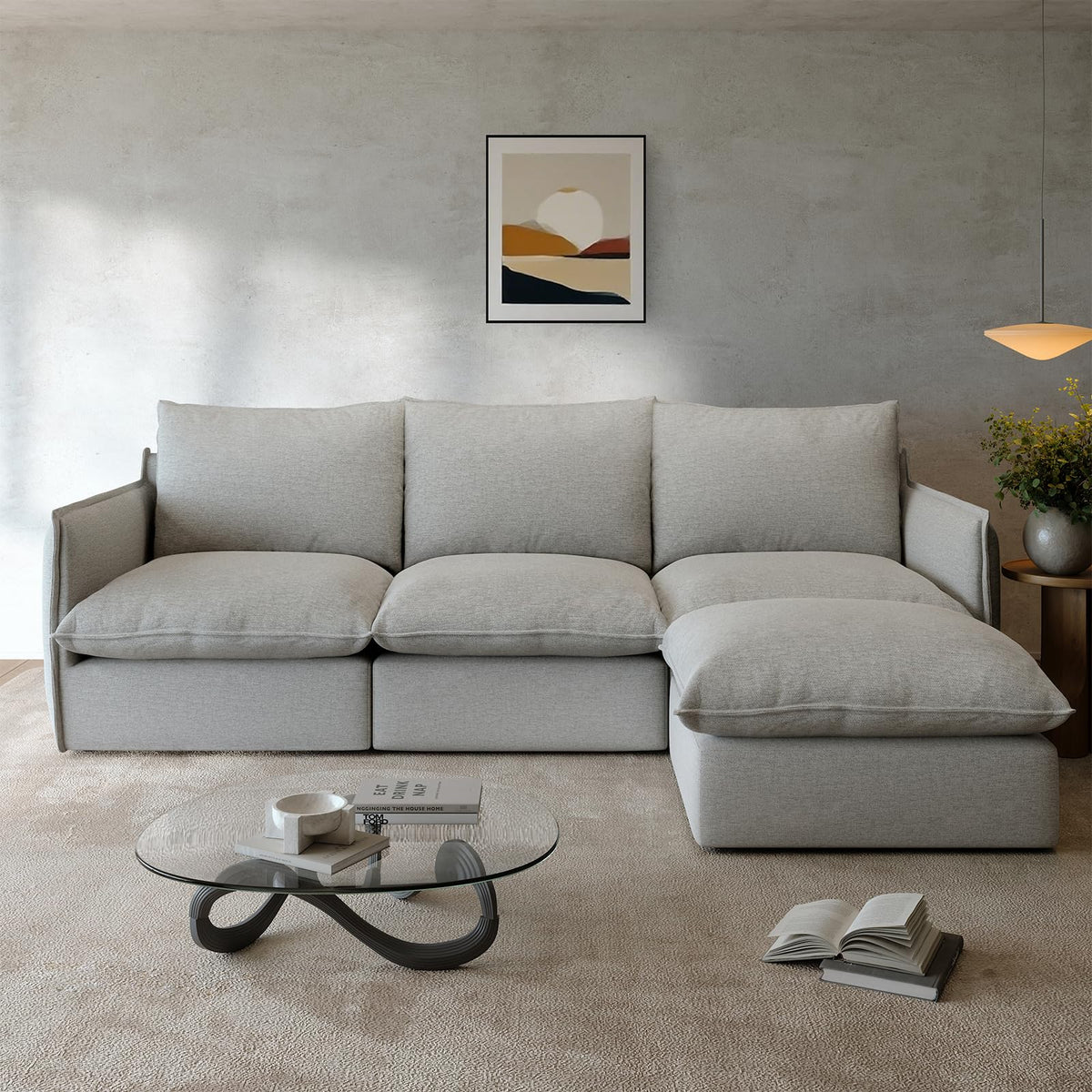 Waterproof Cloud Sectional Couches,High Backrest Down Filled Sofa for Living Room,94.5" Modular Sofas L-Shaped with Ottoman,Detachable Couch Covers,Cream White