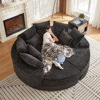 78'' Oversized Round Sleeper Sofa Bed, Convertible Circle Chaise Lounge Chair Indoor, Modern Fluffy Plush Corduroy Cloud Boneless Couch, Assembly Free, Comfy Bean Bag for Living Room, Black
