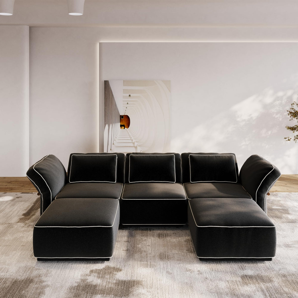 128'' Modular Sectional Sofa, 3 Seater Modern Comfy Boucle Cloud Couch, Oversized Comfy Deep Seat Couches for Living Room, Bedroom, Apartment, Black
