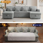 107" Sectional Sleeper Sofa with Pull Out Bed, Comfy Fluffy Plush Cloud Corduroy Sectional Couches for Living Room, U Shaped Modular Couch with Storage Chaise, Cup Holder & USB Charger, Grey