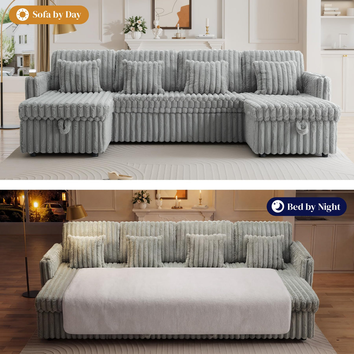 107" Sectional Sleeper Sofa with Pull Out Bed, Comfy Fluffy Plush Cloud Corduroy Sectional Couches for Living Room, U Shaped Modular Couch with Storage Chaise, Cup Holder & USB Charger, Grey