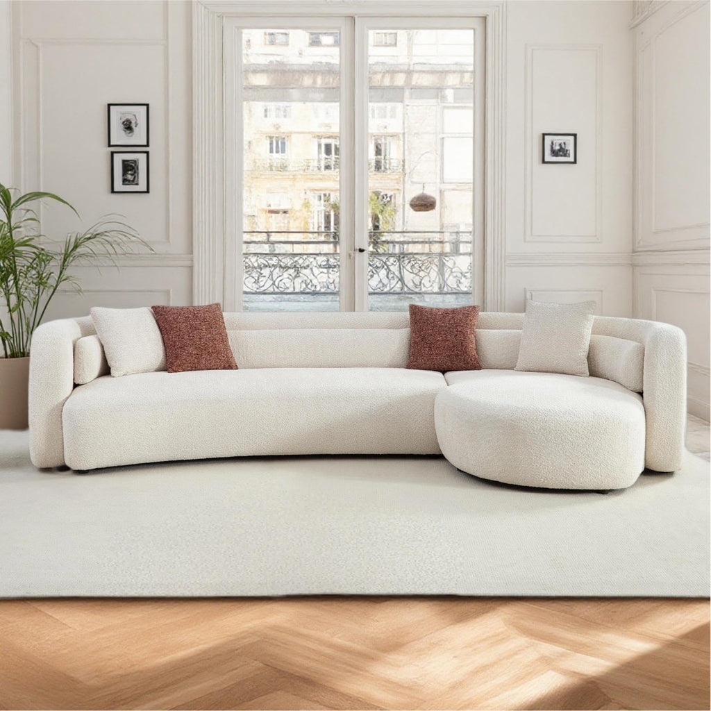 132 Inch Beige Curved Boucle L-Shaped Sectional Sofa, Right-Hand Facing