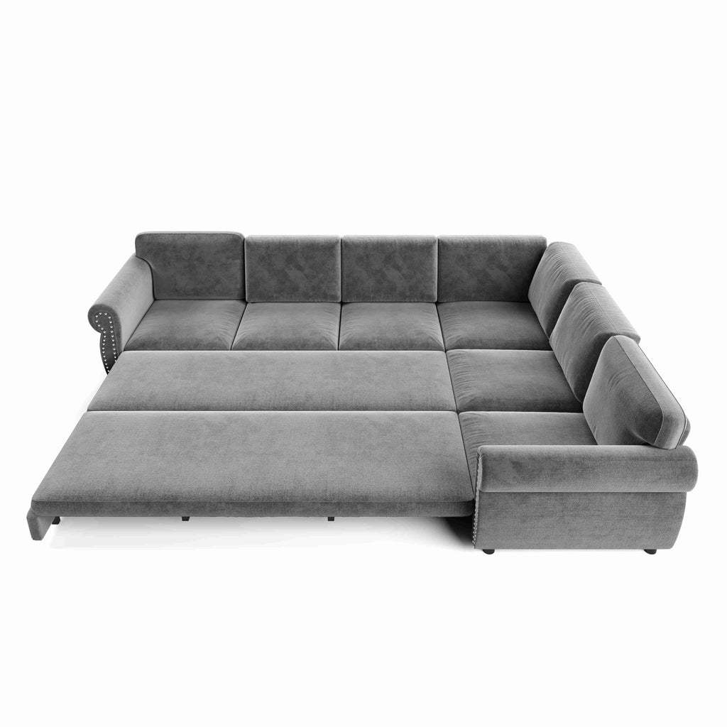 118'' Pull Out Couch, Convertible Sleeper Sofa Bed, Upholstered Sectional Sofa, Chenille L-Shaped Couch with Nailhead Trim, Modern Sectional Couches for Apartment, Living Room, Light Grey