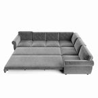 118'' Pull Out Couch, Convertible Sleeper Sofa Bed, Upholstered Sectional Sofa, Chenille L-Shaped Couch with Nailhead Trim, Modern Sectional Couches for Apartment, Living Room, Light Grey