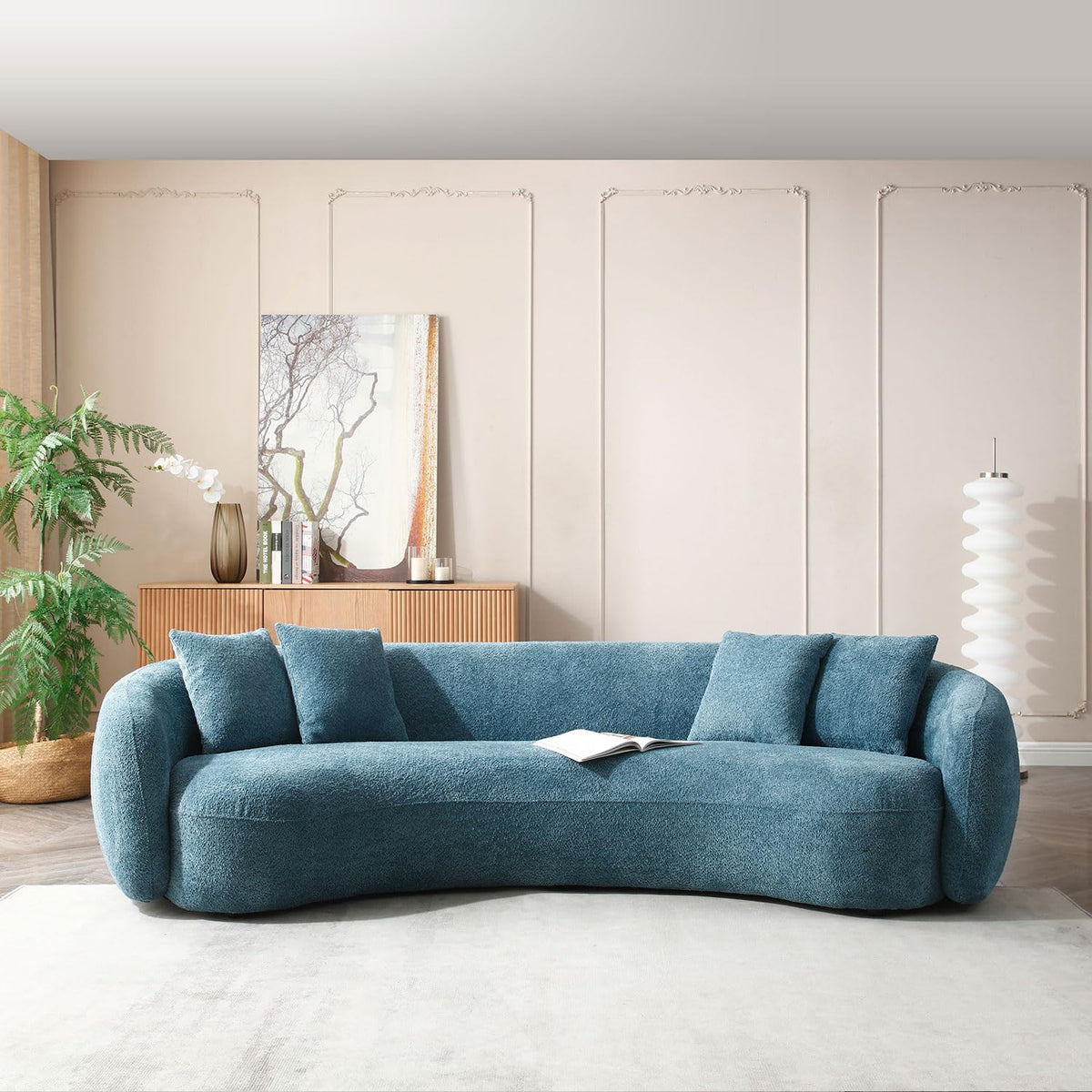 102'' 5-Seater Boucle Sofa Modern Sectional Half Moon Leisure Couch Curved Sofa Teddy Fleece Fabric (White)