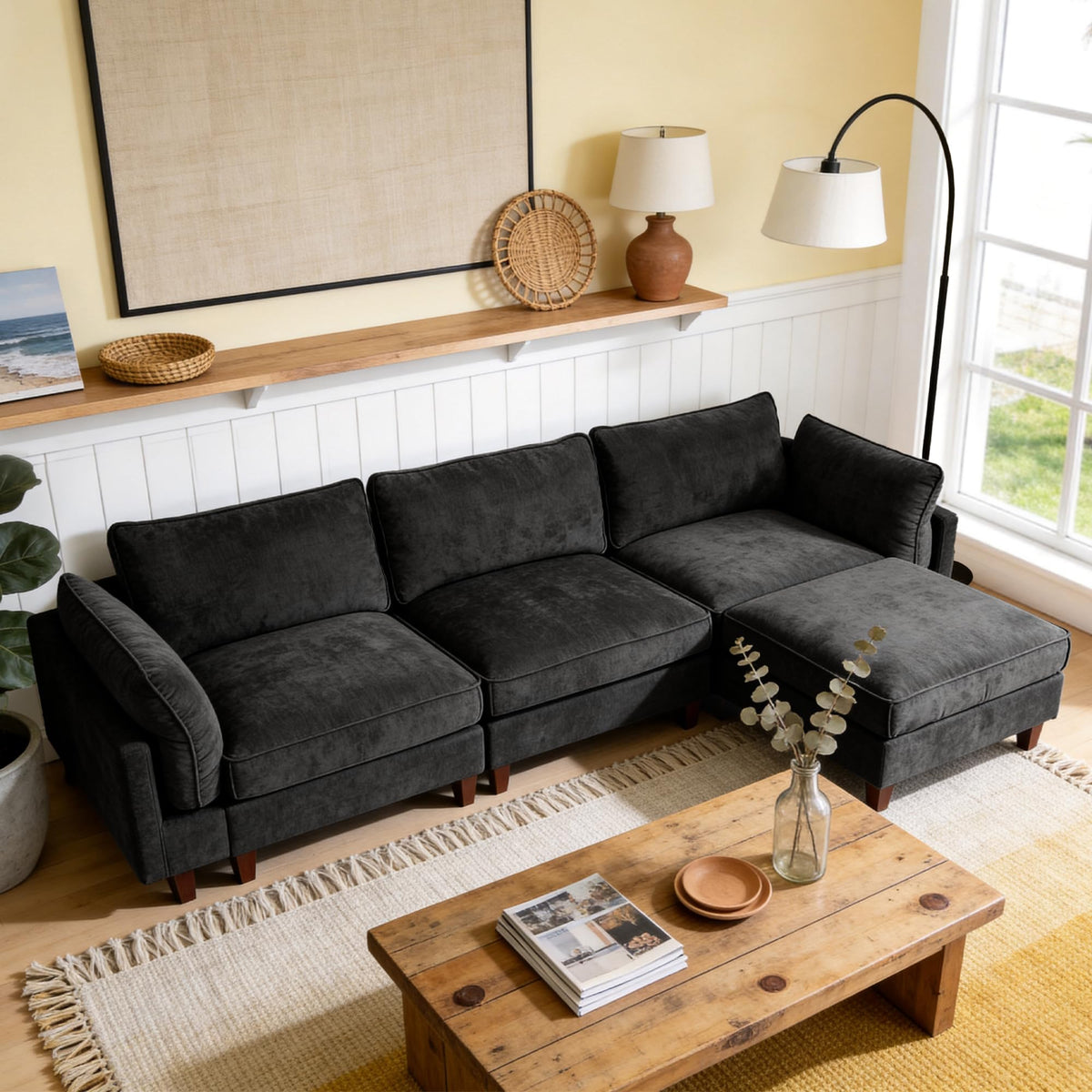 126" L Shaped Faux Leather Couch with Deep Seat for Living Room, Grey