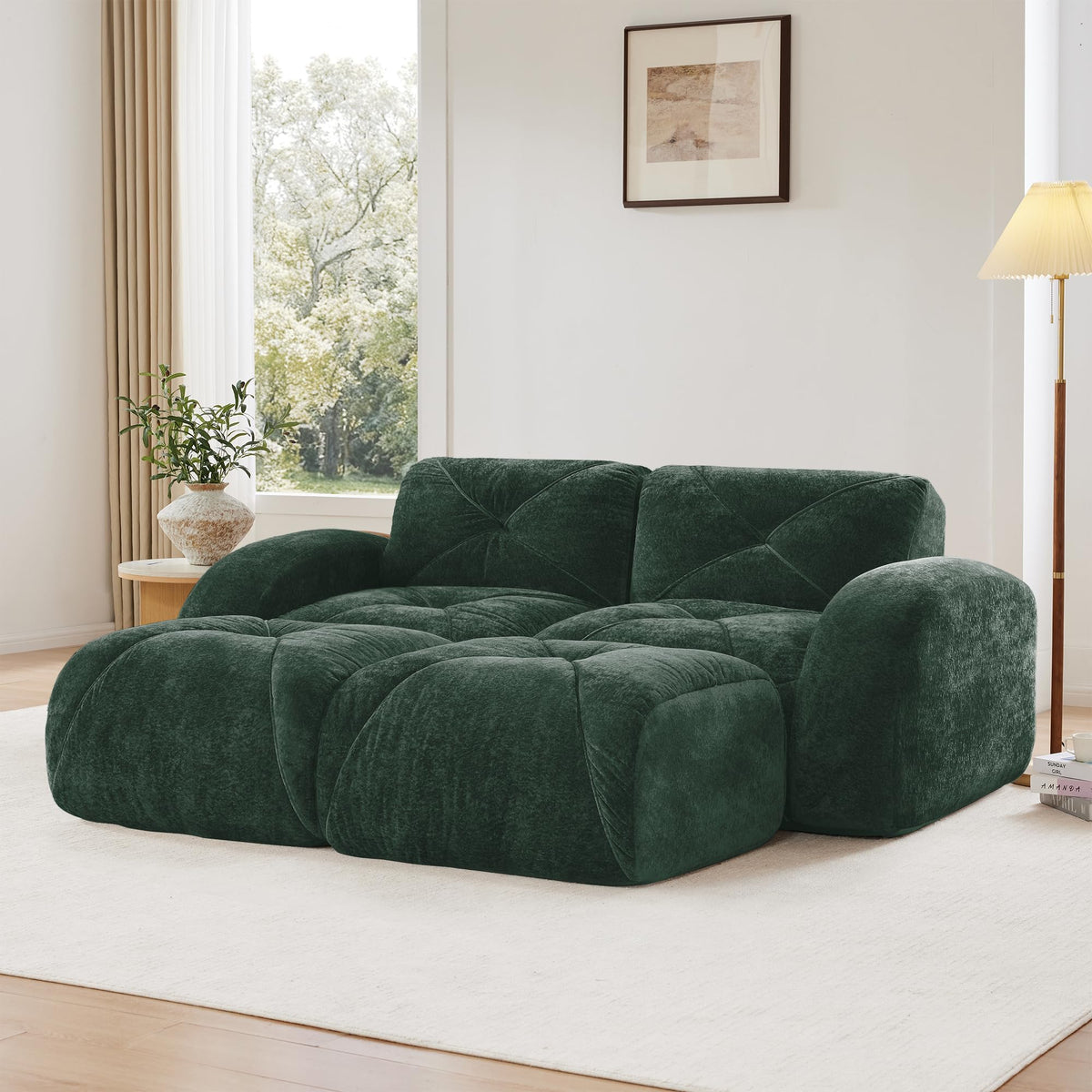 U-Shaped Sectional Sofa with 2 Movable Ottomans, 2-Seater Tufted Velvet Couch, Boneless Cloud Design, 32D High-Density Foam, No Assembly Required, Anti-Slip Bottom for Living Room Bedroom, Green