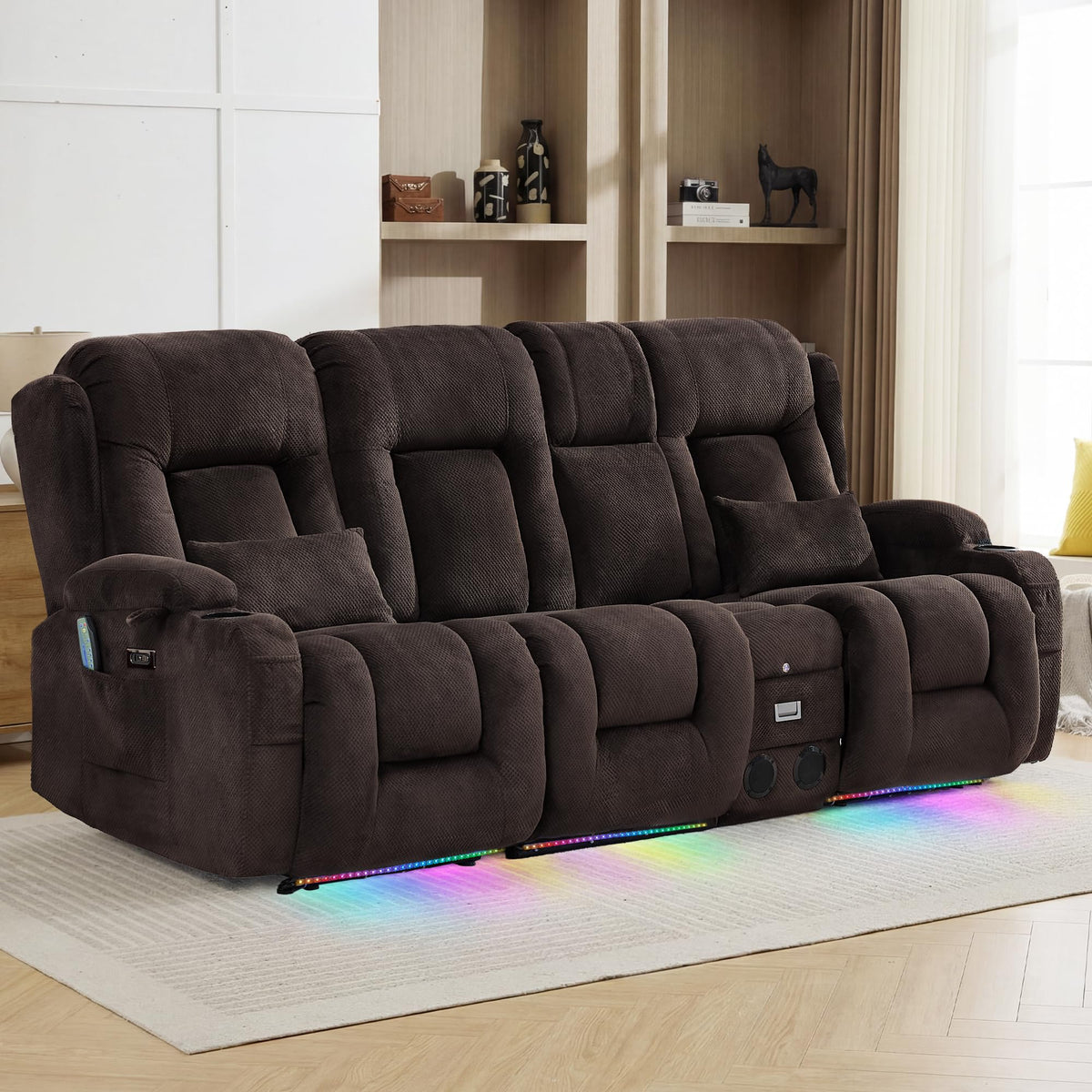 TUNYI Wall Hugger Loveseat Recliner Sofa with Console, Power Reclining Loveseat RV Couch with Massage & Heat/USB/Outlet/Storage/LED Light/Speaker (Blue, 2 Seat with Console)