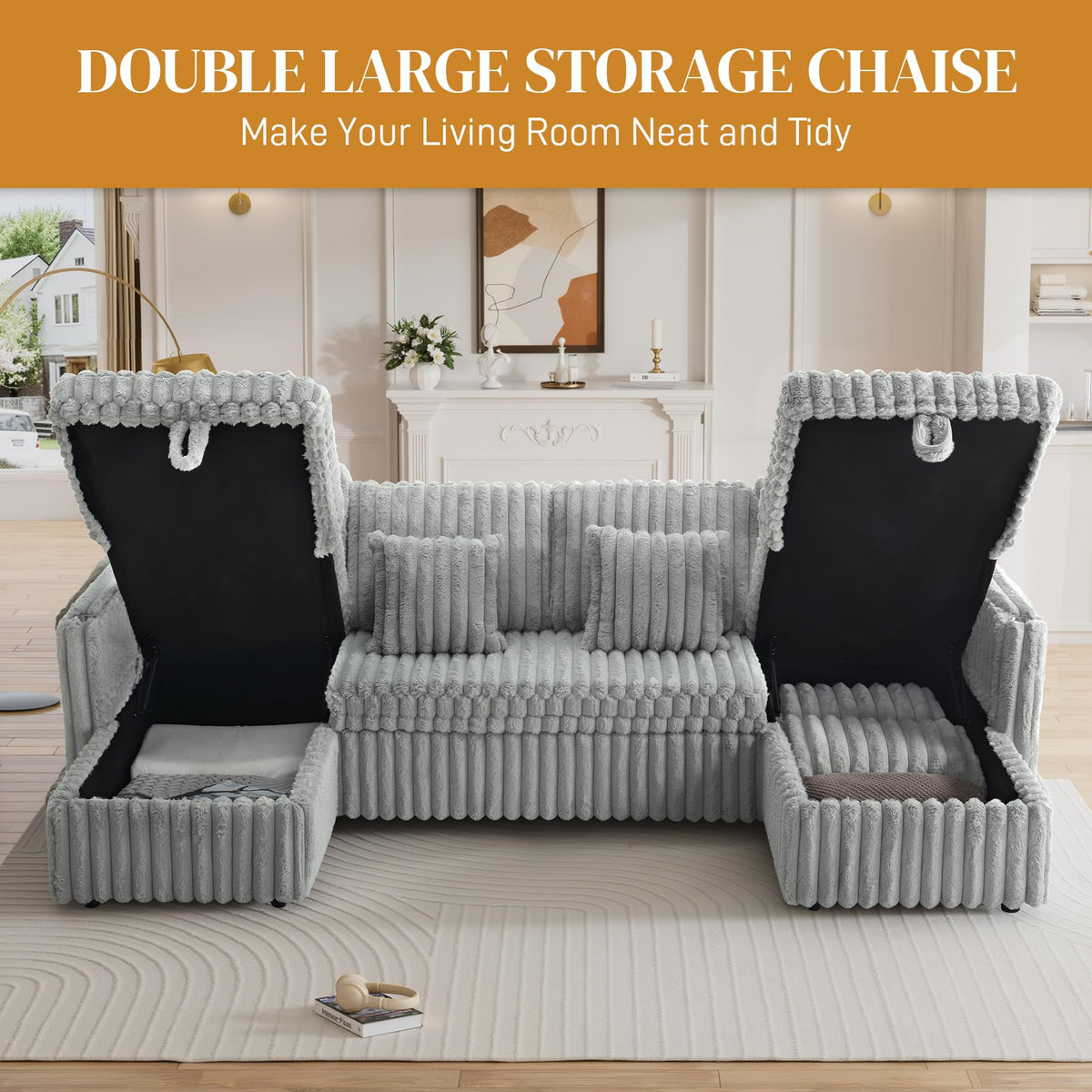 107" Sectional Sleeper Sofa with Pull Out Bed, Comfy Fluffy Plush Cloud Corduroy Sectional Couches for Living Room, U Shaped Modular Couch with Storage Chaise, Cup Holder & USB Charger, Grey