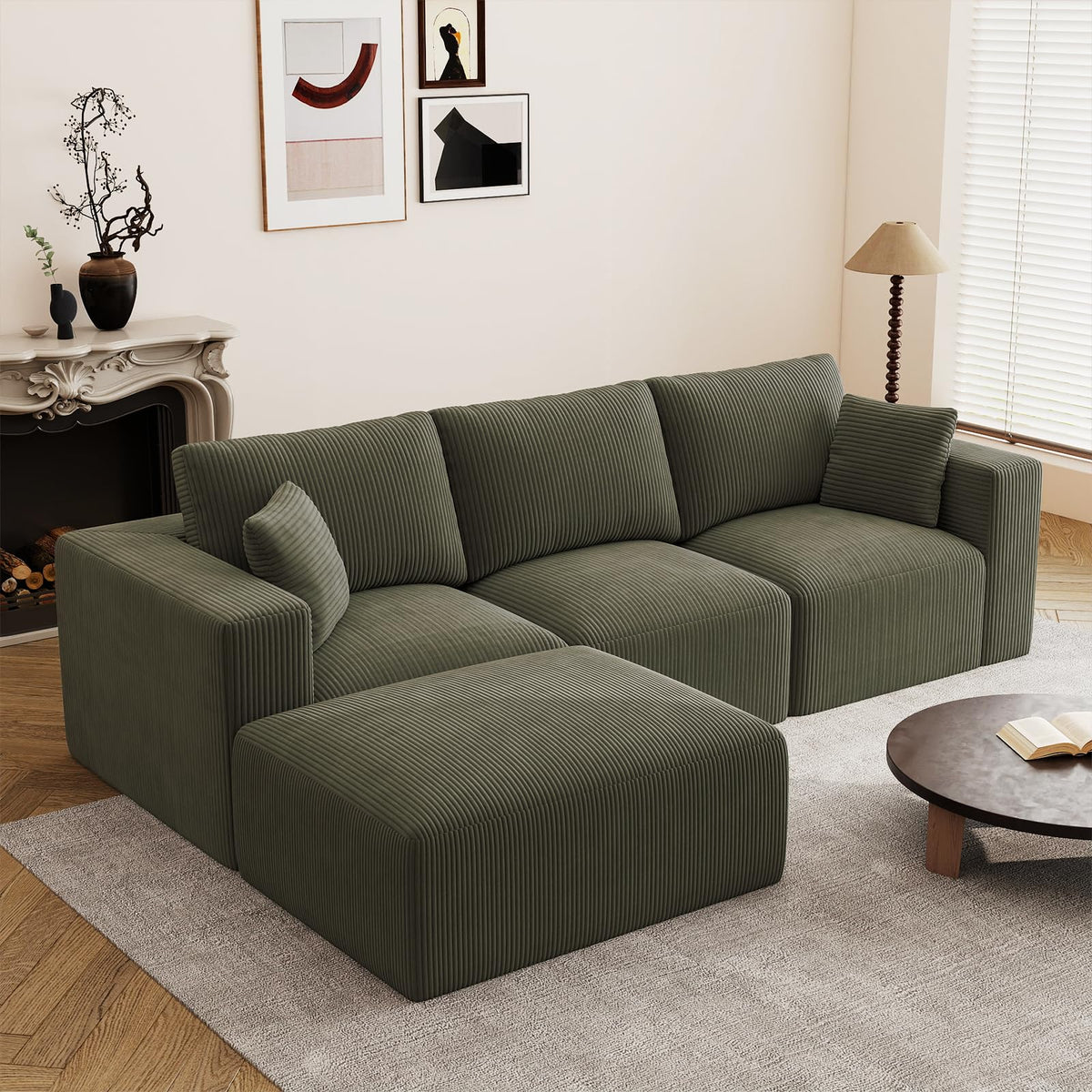 79" Modular Sectional Sofa, Cloud Couch Loveseat Memory Foam Boneless Couch with Chaise, Cozy Upholstered Corduroy Floor Couch, No Assembly Required Living Room Furniture for Apartment, Beige