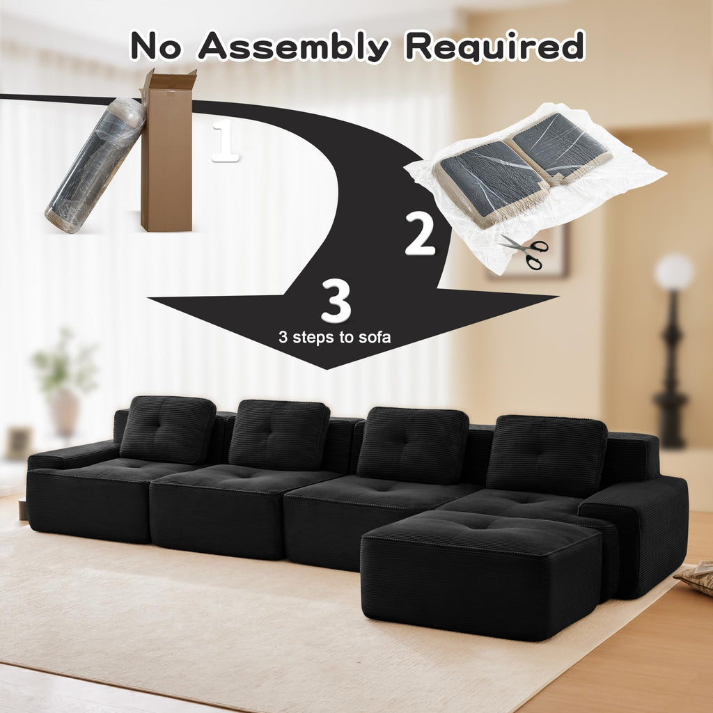 Tidyard 15? Modern L-Shaped Modular Sectional Sofa for Living Room, Corduroy Fabric 4-Seater Couch with Deep Seat, Movable Ottoman, Tufted Design, No Assembly, Anti-Slip Base, Black