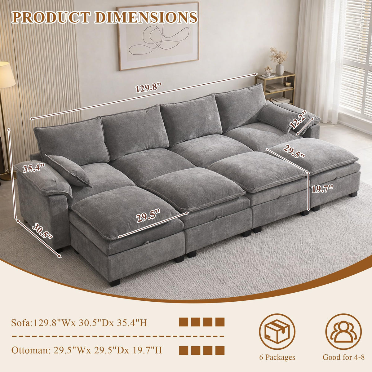 108" Modular Sectional Sofa with Storage Ottoman, Sectional Couches for Living Room, Chenille U Shaped Cloud Couch with Pillow, Deep Seater Sofa for Apartment (Light Gray, 4 Seater with 4 Ottoman)
