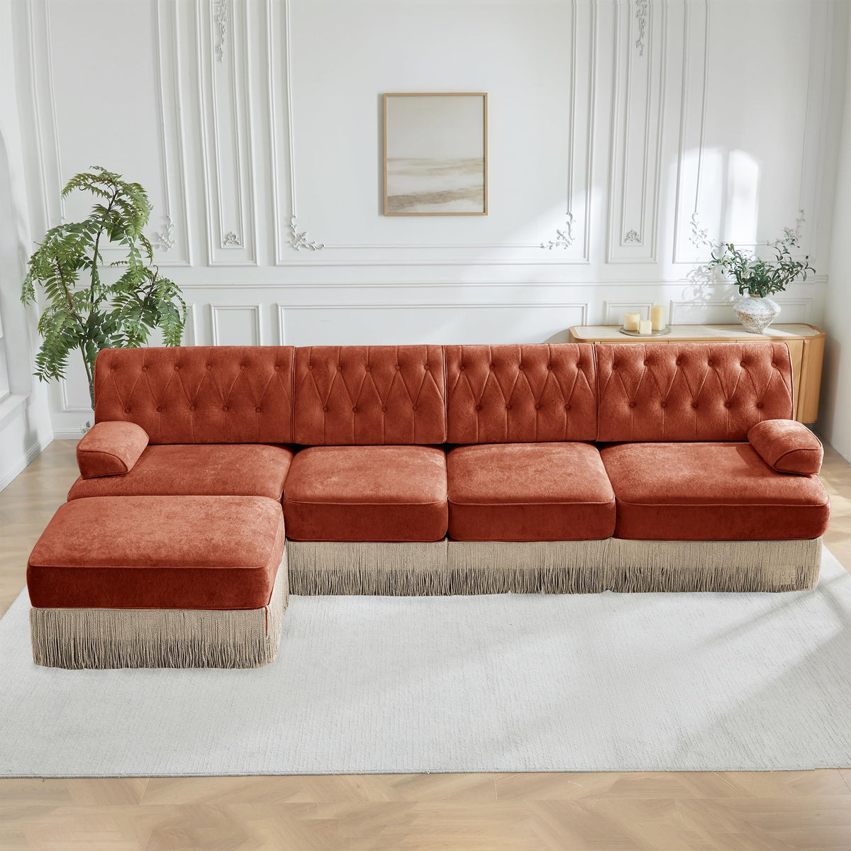Velvet Modular Sectional Sofa, 135.6 Inch Chesterfield Style, Camel
