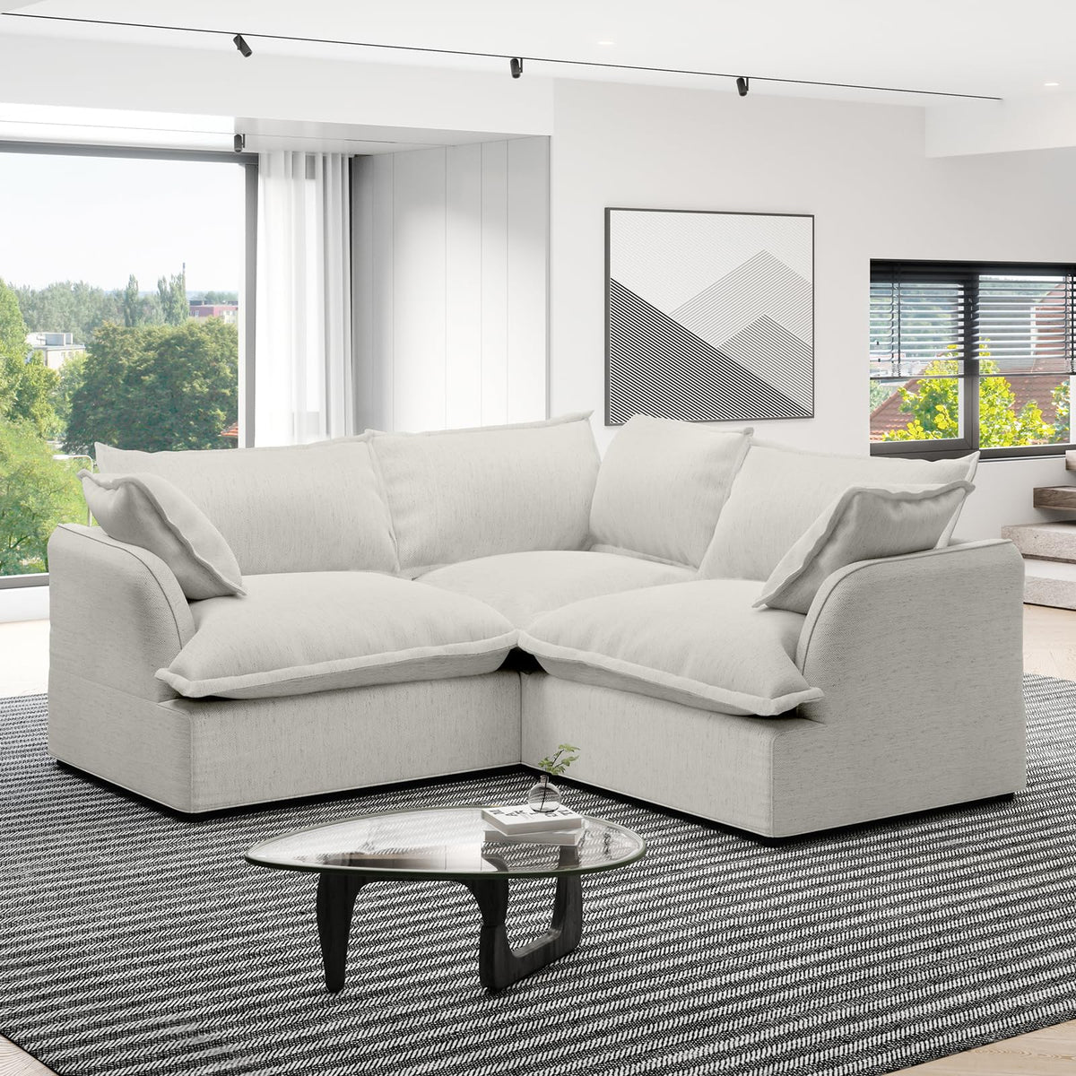 114.2" Cloud Sectional Couch L Shaped,Down Fill Couch,Linen,Grey
