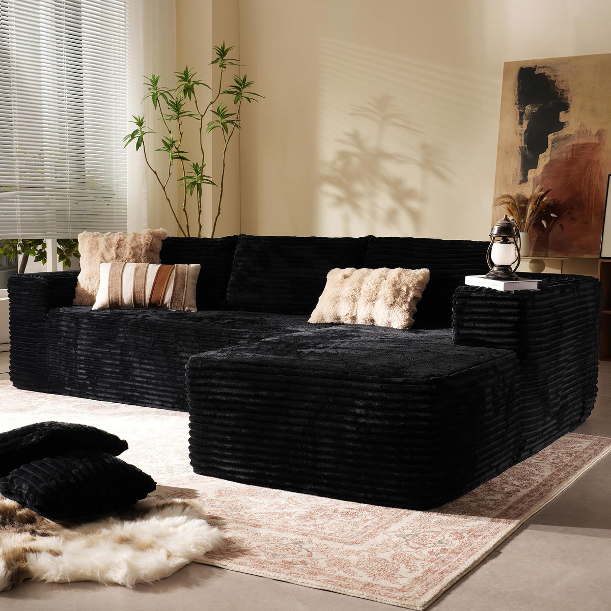 106" Modular Cloud Sectional Sofa Couch - L Shaped Lounge Couches for Living Room with Chaise,Mdoren Minimalist Sleeper Sofa,Deep Seat,No Assembly Required (Black,Plush Fur, Left Facing Chaise)