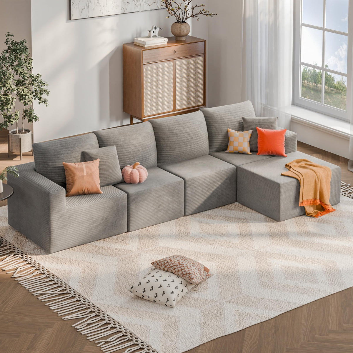 YESHOMY 130" Boneless Couches for Living Room, Modular L-Shaped Sectional Sofa with Comfy Seats and Ottoman, Modern Cloud Couch with Oversized Chaise, No Assembly Required, Cream