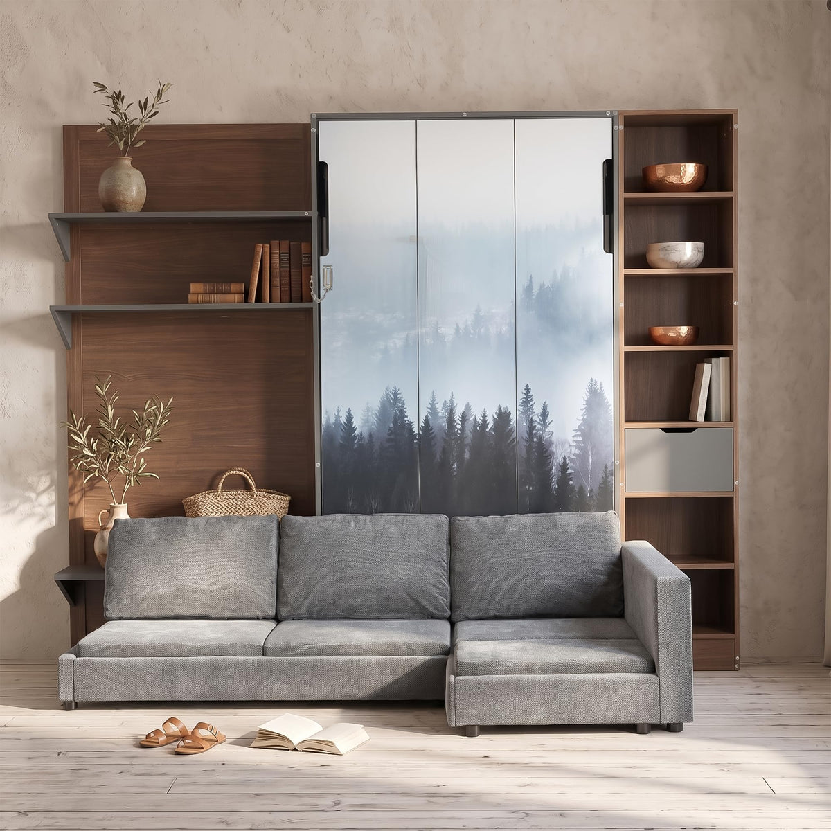 Wood Murphy Bed with Sofa, 4 Storage Shelves and USB Charging Station