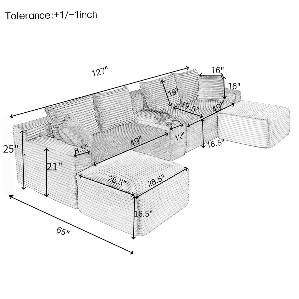 127-Inch U-Shaped Symmetrical Cloud Sectional Couch Compressed Modular Boneless Sectional Sofa with Chaise Lounges and Wooden Console, Fluffy Corduroy Boneless Corner Sofa Couch for Living Room
