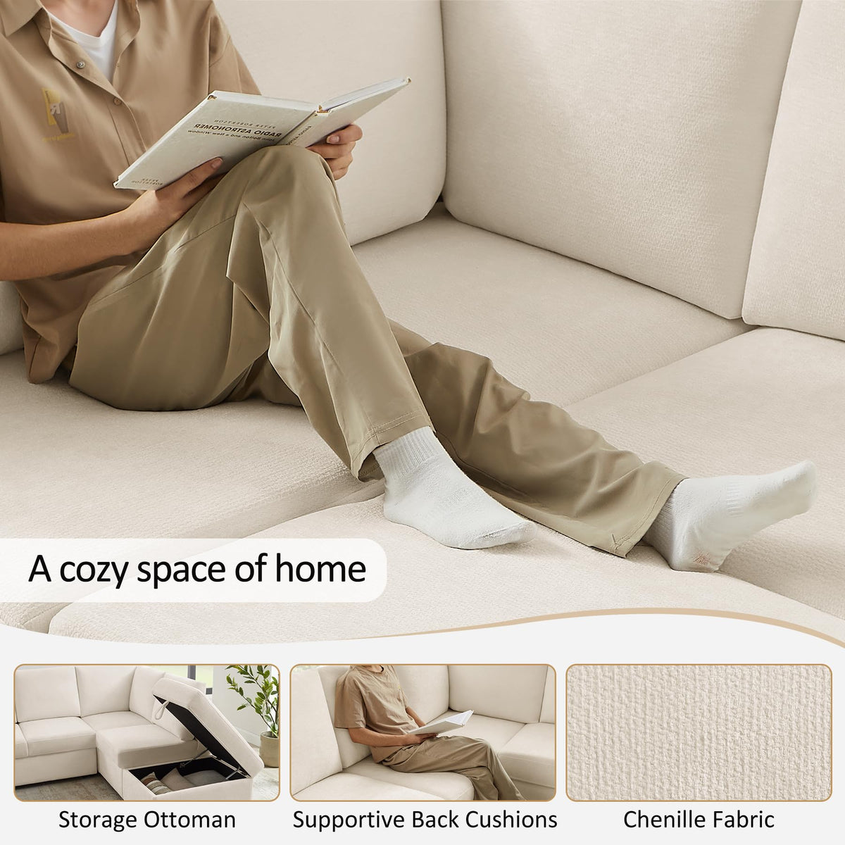 VANOMi 94" Modular Sleeper Sofa with Pull Out Bed, Ottoman, Beige Chenille