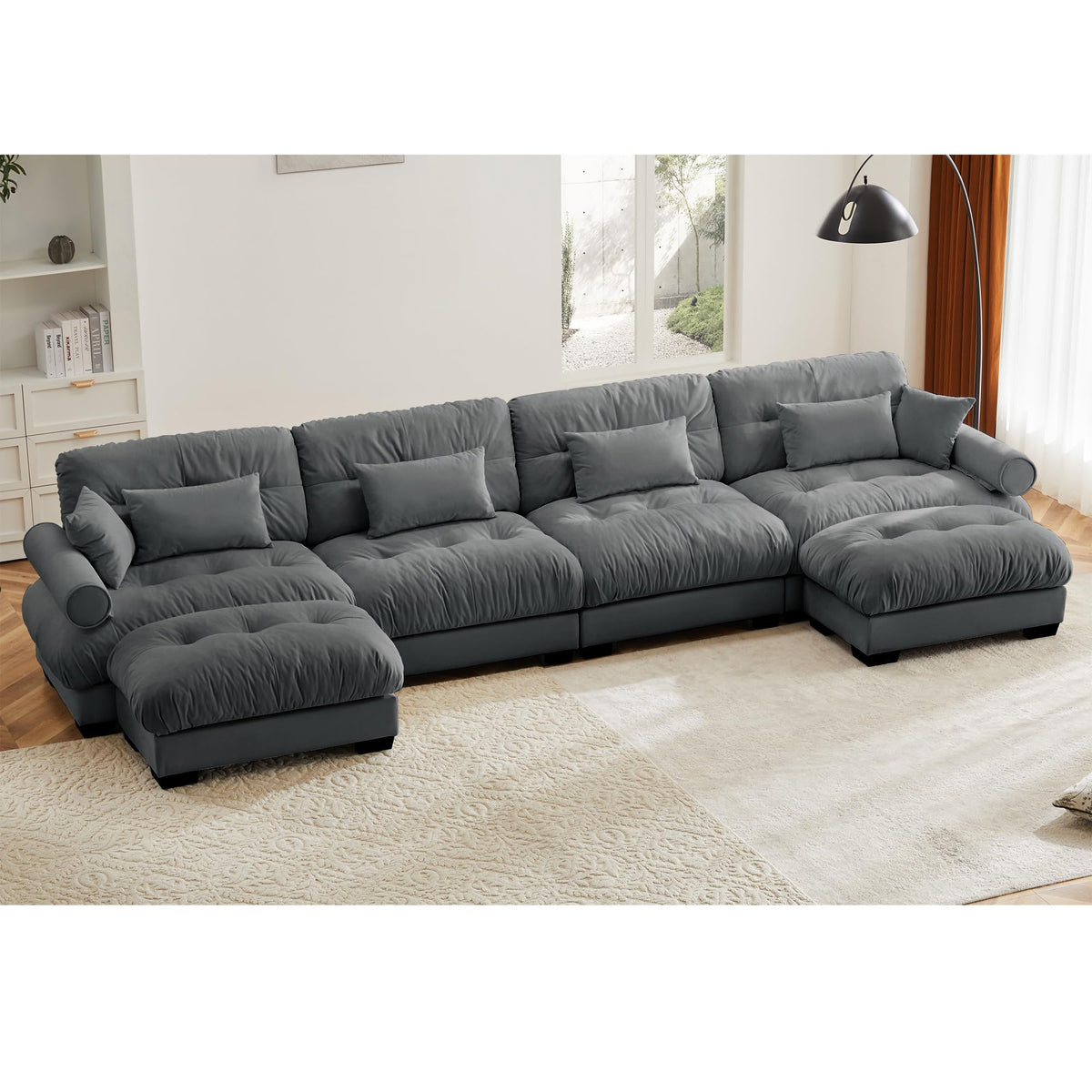 130" Modular Sectional Sofa,Velvet Upholstered Couches for Living Room,3 Seater Green Sofa Couch with Movable Ottoman,Big Comfy Loveseat Sofa with Deep Seats for Living Room,Apartment,Bedroom