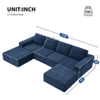 110" Cloud Chenille Deep Seat Chaise Lounge Indoo, Modular Sectional Sofa with Spring Pack Support, Modern Boneless Compressed Floor Sectional Sofa with U-Shaped for Living Room, Navy