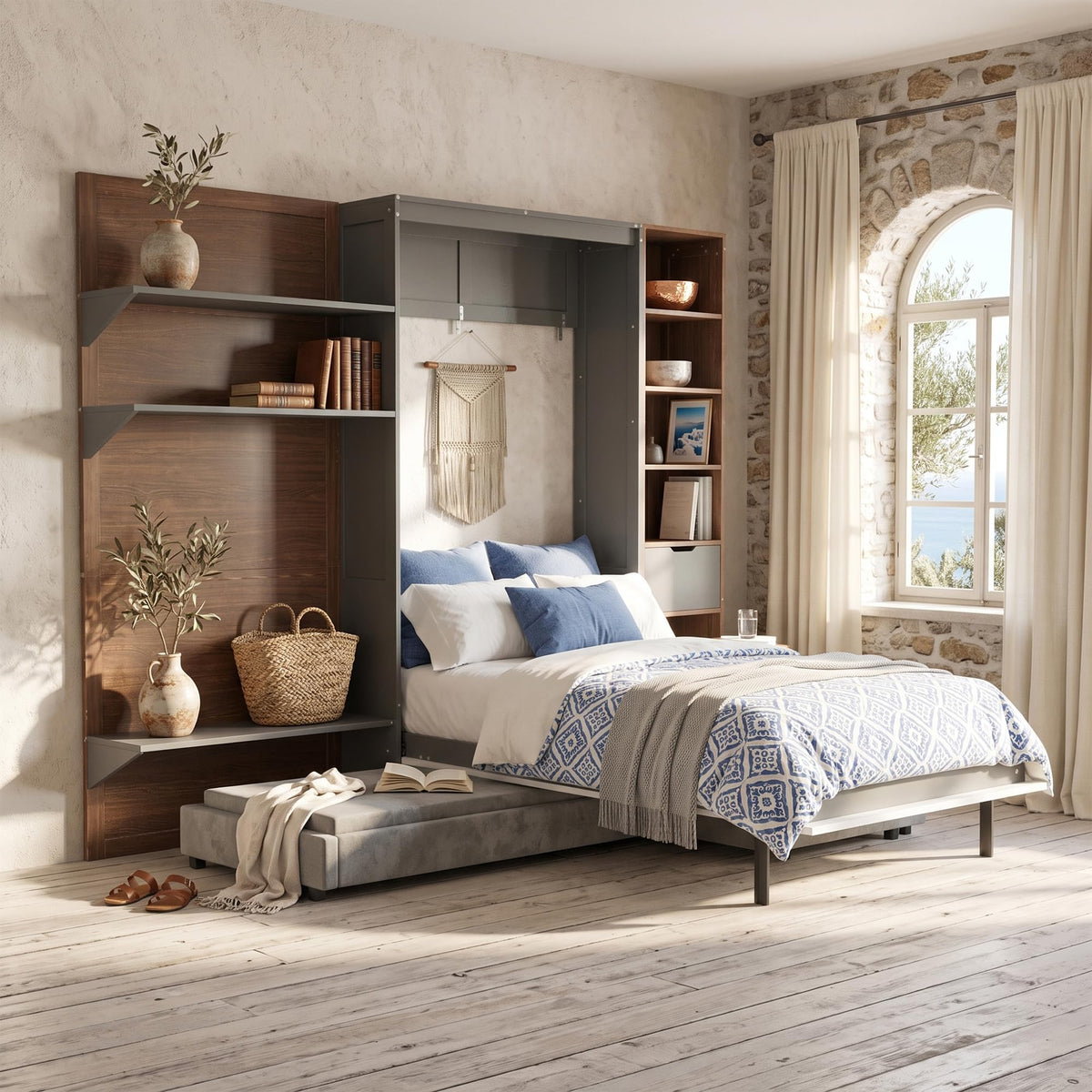 Twin Size Murphy Bed with Open Shelving, Sofa Front and Printed Panel