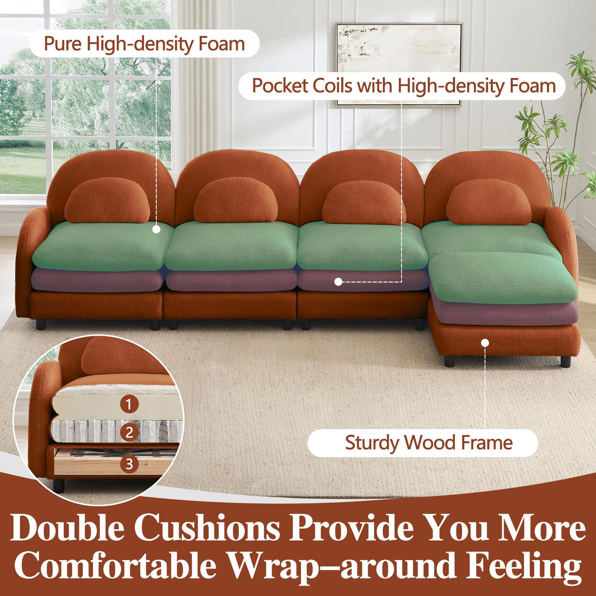 129.1" Modular Sectional Couch, Teddy Fleece Fabric, Orange