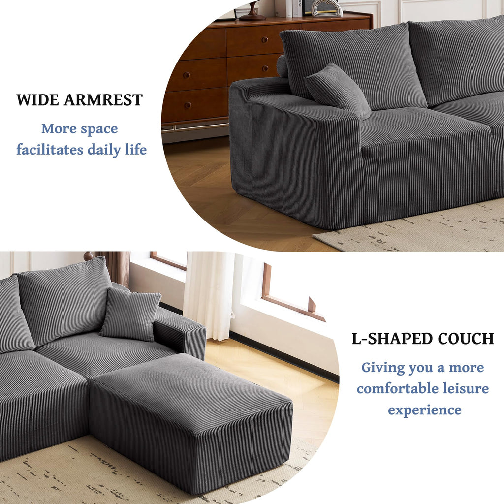 110" L Shaped Sectional Sofa, Full Compression 3 Seater Cloud Couch with Chaise, No Assembly Required Sofa for Living Room, Ultra Soft Deep Seat Modular Sofa(Corduroy, Grey) EN161