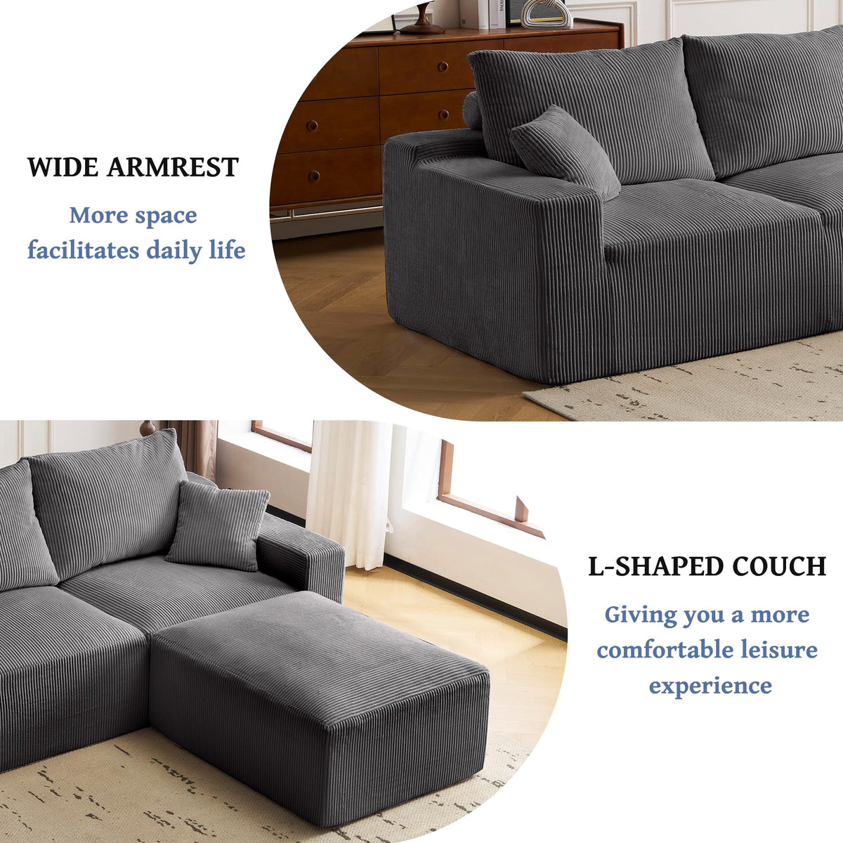 110" L Shaped Sectional Sofa, Full Compression 3 Seater Cloud Couch with Chaise, No Assembly Required Sofa for Living Room, Ultra Soft Deep Seat Modular Sofa(Corduroy, Grey) EN161