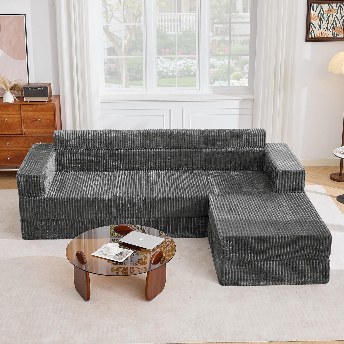 Tbfit 142” Modular L Shaped Sectional Boneless Couch, Convertible Futon Sofa Bed, Corduroy Cloud Mattress Sleeper Sofa, Comfy Folding Upholstered Floor Couches for Living Room, Bedroom, Beige
