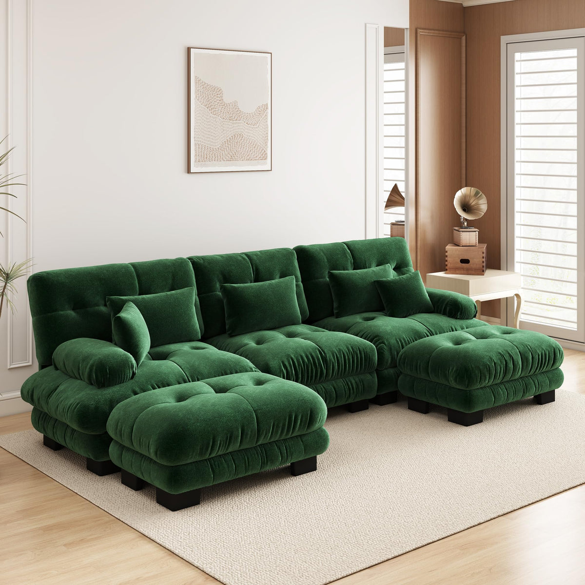 Velvet Modular Sectional Sofa,130" W Oversized U Shape Cloud Couch with 2 Ottomans,Free Combined 3 Seater Comfy Sofa with Bolster Armrest Pillows,Green for Living Room
