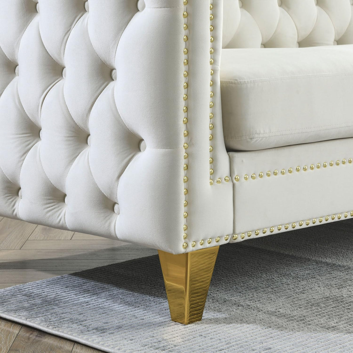 Velvet Sofa for Living Room Beige Three-Section Comfort Cozy Modern Chesterfield Design Bedroom & Office Use