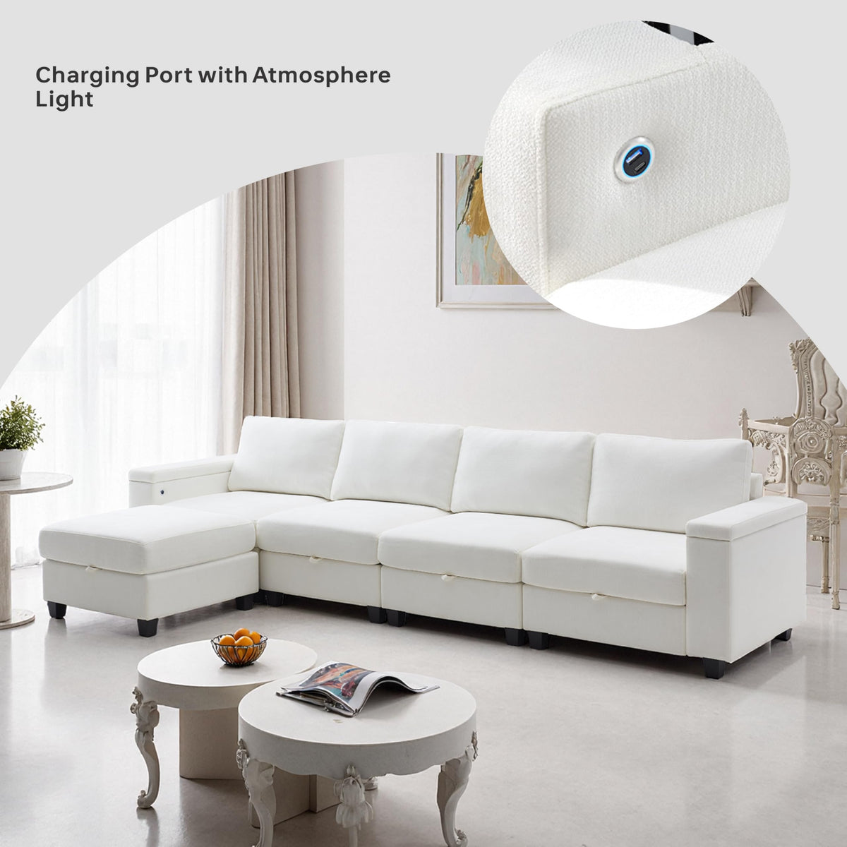 131" White Modular Storage Sofa with Ottoman USB,Type C Ports, Chenille Fabric, Sleeper Function Easy Assembly