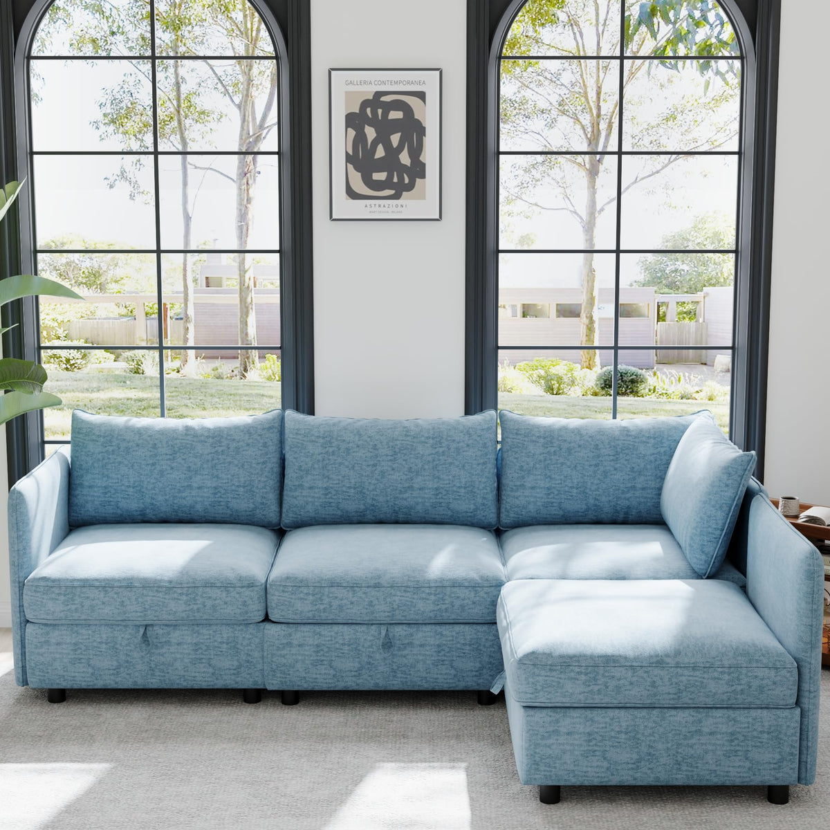 129” Modular Sectional Sofa, Convertible 6 Person U Shaped Couch with Storage, 2 Removable Ottomans & Deep Seats, Memory Foam, Comfy Modular Couch for Living Room (Antique Blue, 6 Seat)