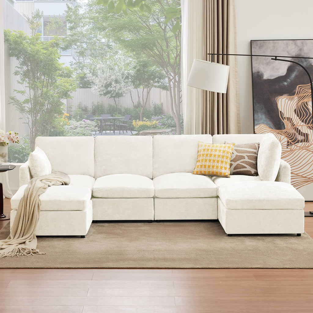 Tbfit U Shaped Couch, Sectional Sofa for Living Room,Chenille Cloud Couch with Ottoman 6 Seat, Beige