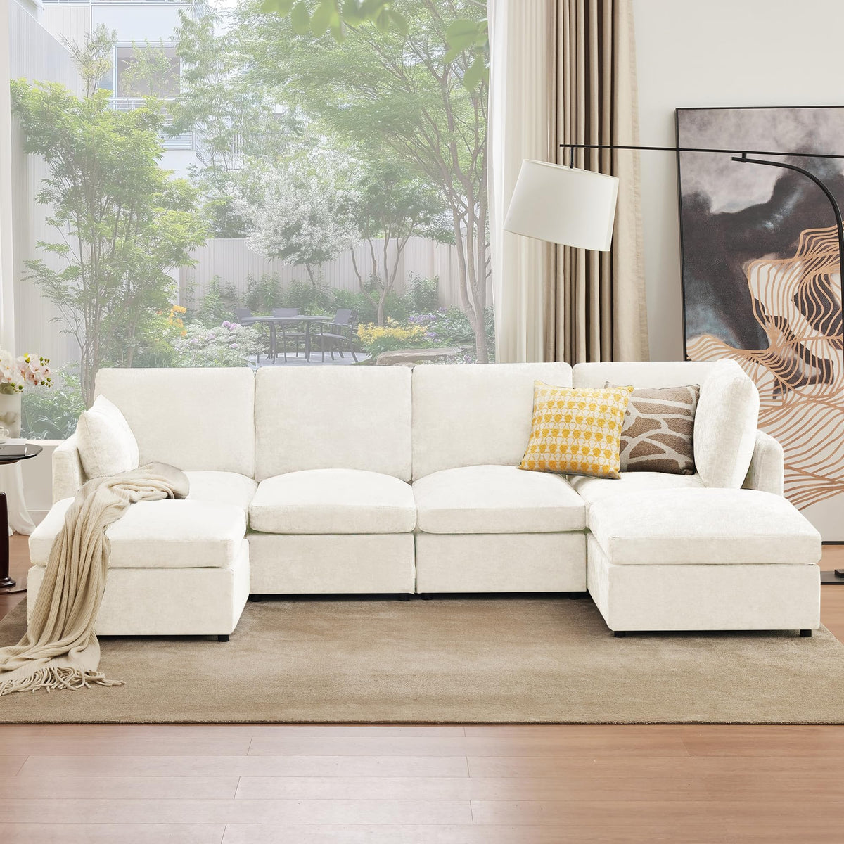Tbfit U Shaped Couch, Sectional Sofa for Living Room,Chenille Cloud Couch with Ottoman 6 Seat, Beige