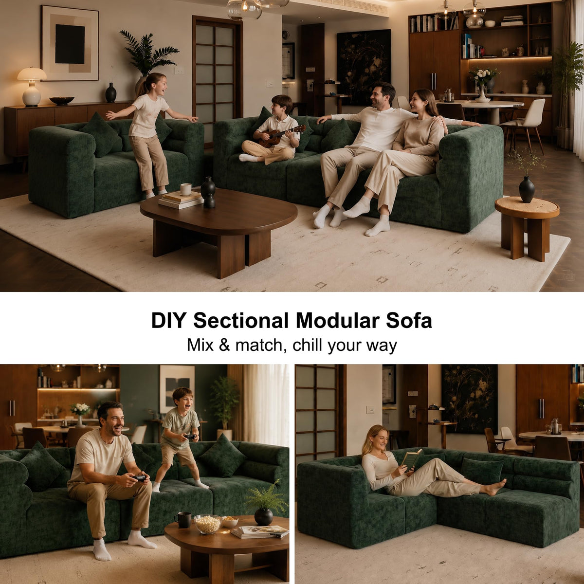 113.38" Modular Sectional Sofa, No Assembly Required Cloud Couch with Deep Seat & Chaise, Modern L-Shaped Boneless Sofa in a Box for Living Room, Apartment, Deep Turquoise Green