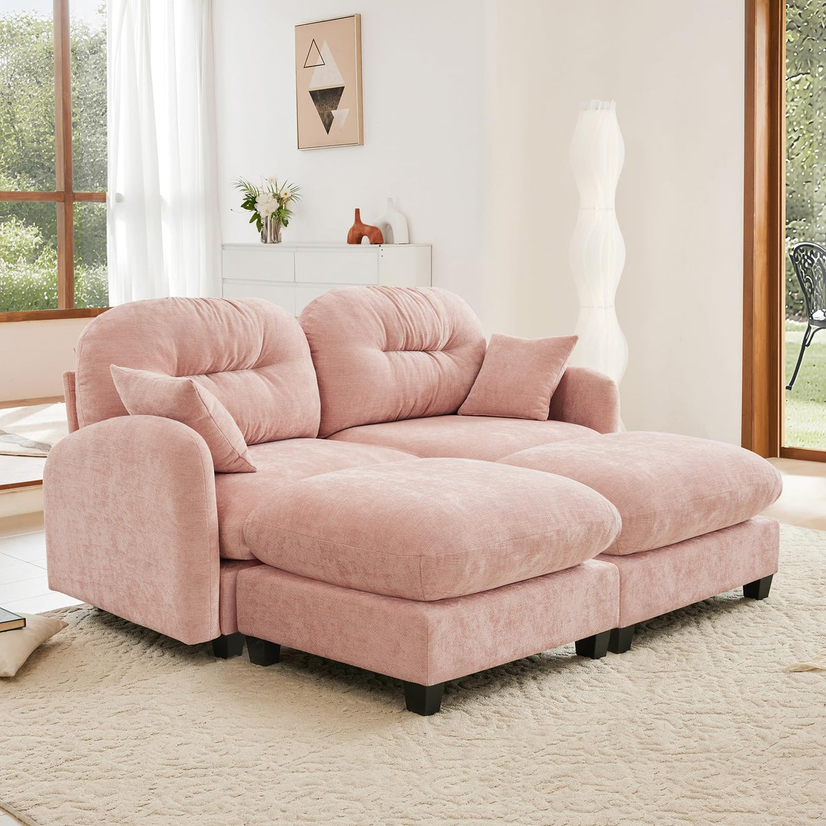 107" L Shaped Couch, Chenille Upholstered Modular Sectional Sofa, 3 Seater Deep Seat Sofa with Movable Ottoman, Modern Cloud Couch with Thick Seat Cushion, Sectional Couches for Living Room, Pink