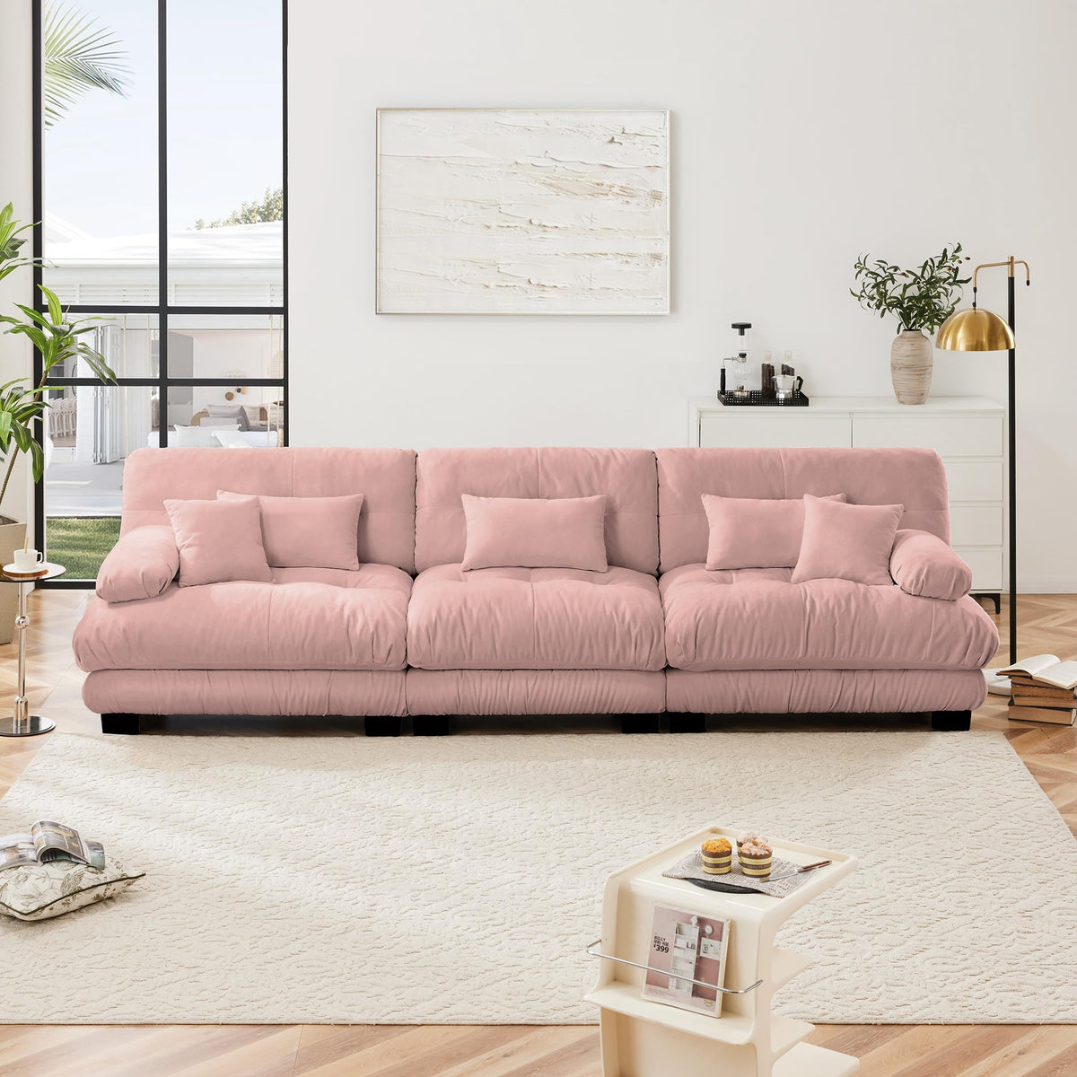130" Modular Sectional Sofa,Velvet Upholstered Couches for Living Room,3 Seater Green Sofa Couch with Movable Ottoman,Big Comfy Loveseat Sofa with Deep Seats for Living Room,Apartment,Bedroom