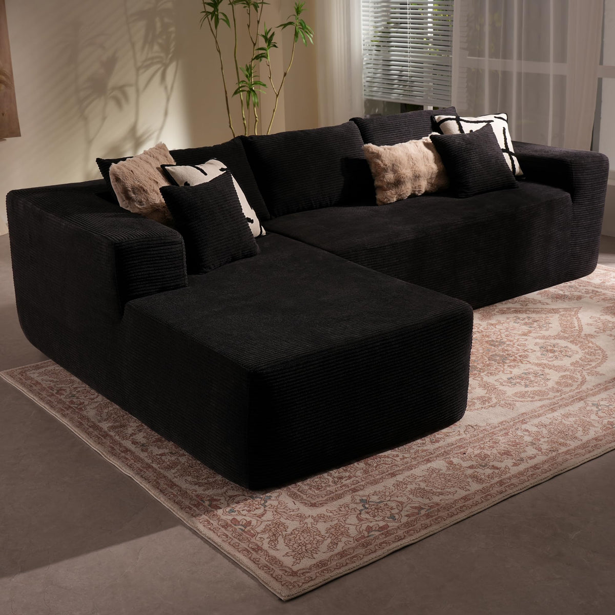 106" Cloud Sectional Couch with Chaise Lounge,L Shaped Modular Modern Sofa,Comfy Corduroy Fluffy Sofa with Deep Seat,No Assembly Required Couch for Living Room(Left,Stripe Corduroy,Black)
