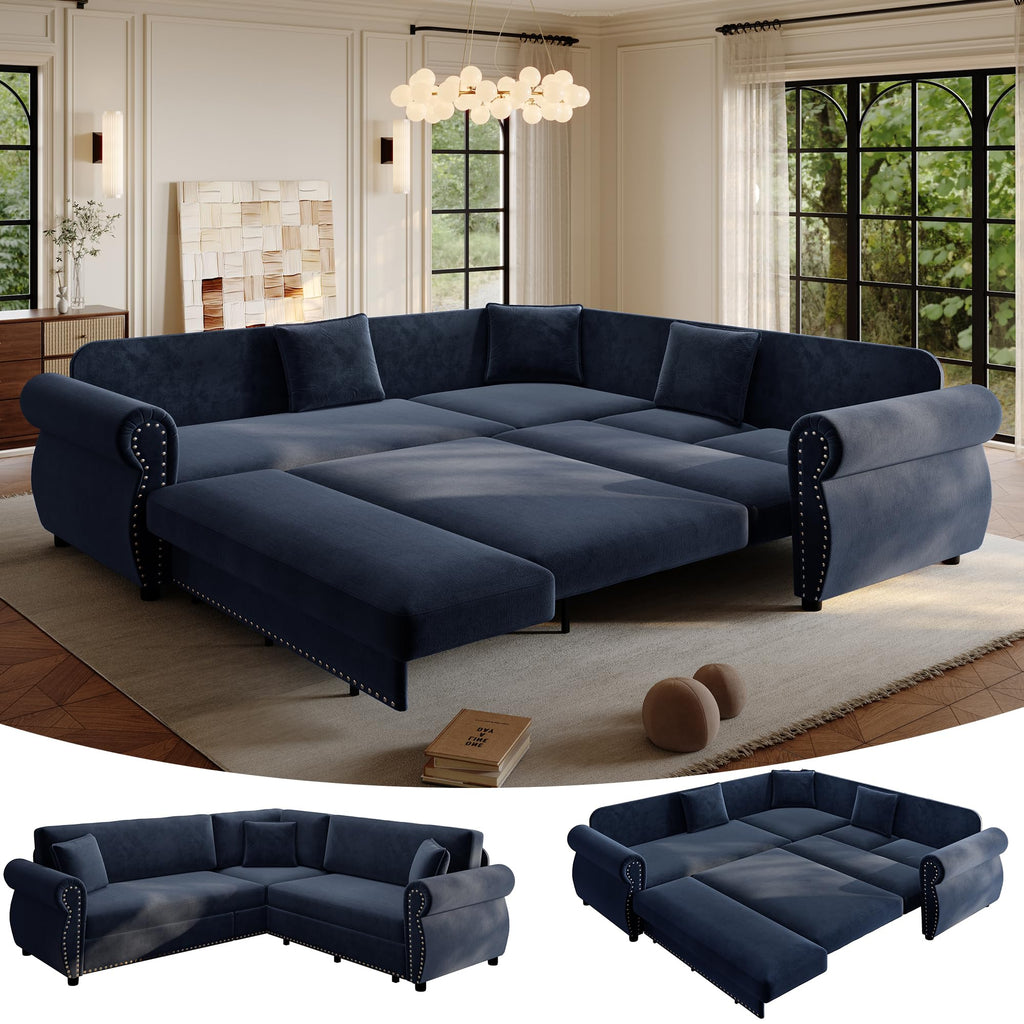 118" Oversized Sleeper Sofa with Pull Out Bed, Chenille L Shaped Convertible Sectional Sleeper Couch with Nailhead Trim & Rolled Arm, 6-Seater Couches for Living Room, Blue