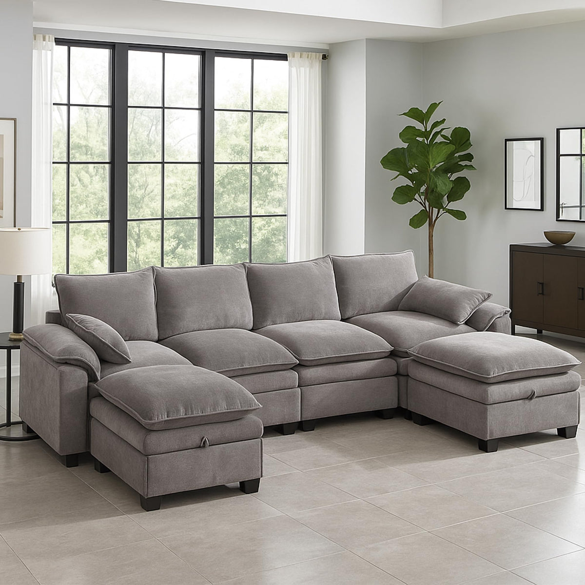 130" Modular Sectional Sofa with Storage, Premium Chenille Cloud Couch with Movable Ottomans, 1200lbs Heavy Duty Deep Seat Sectional, High-Density Foam (Light Gray, 4 Seater & 2 Ottoman)