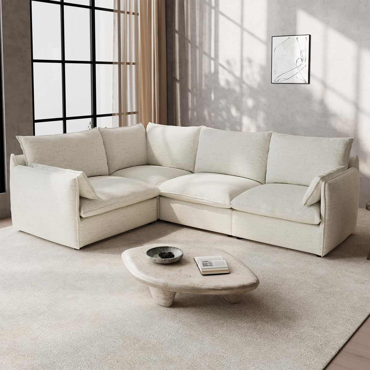Waterproof Cloud Sectional Couches,High Backrest Down Filled Sofa for Living Room,94.5" Modular Sofas L-Shaped with Ottoman,Detachable Couch Covers,Cream White