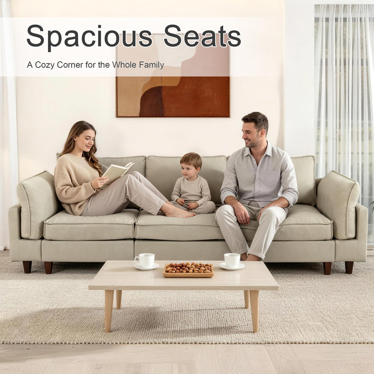 126.3" Oversized L Shaped Sectional Couches for Living Room, 4-Seat Modular Sectional Sofa Set Leather Cloud Couch, Modern Beige Extra Large Deep Seat Couch with Removable Ottoman