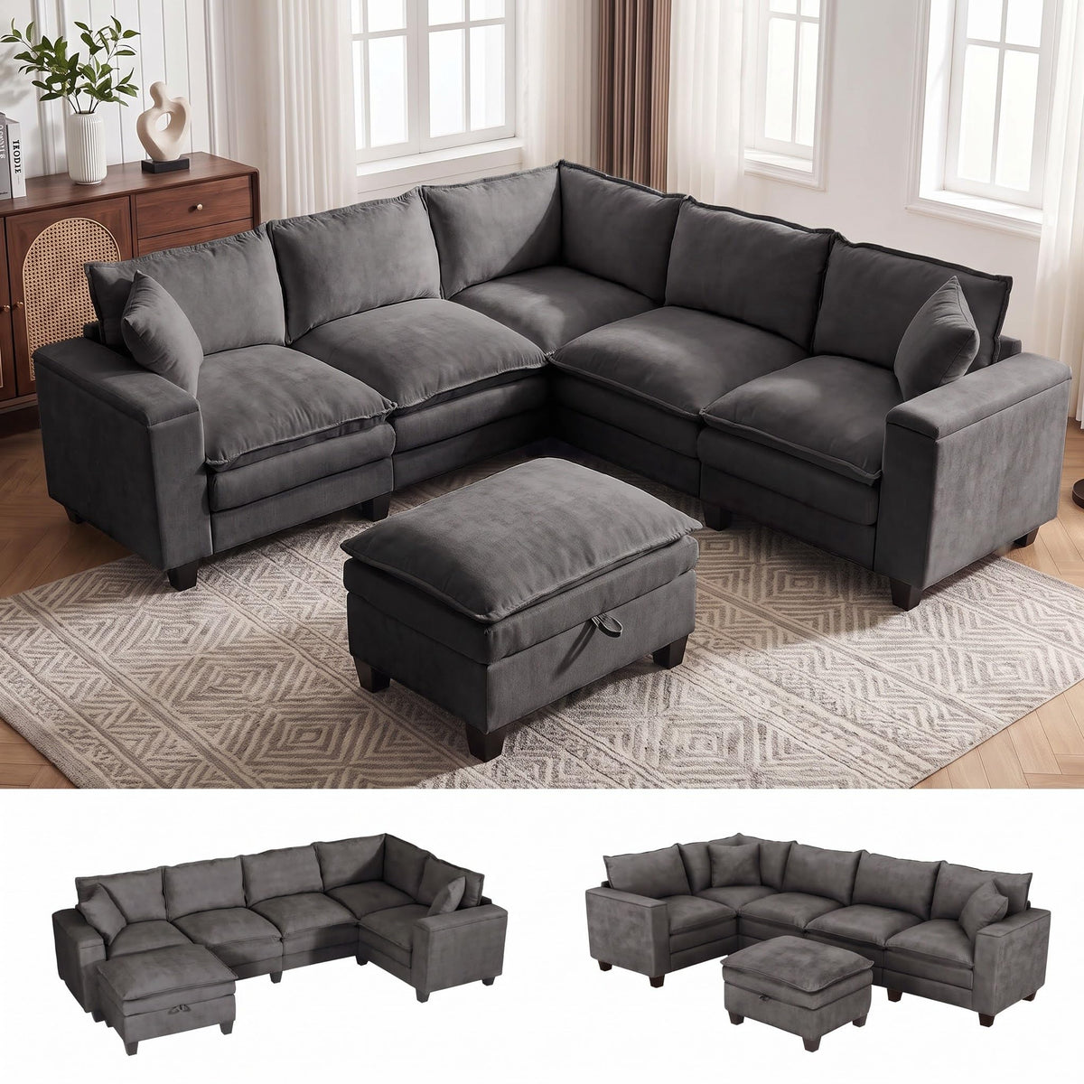 V Shaped Modular Sectional Couch with Storage Ottoman, Beige